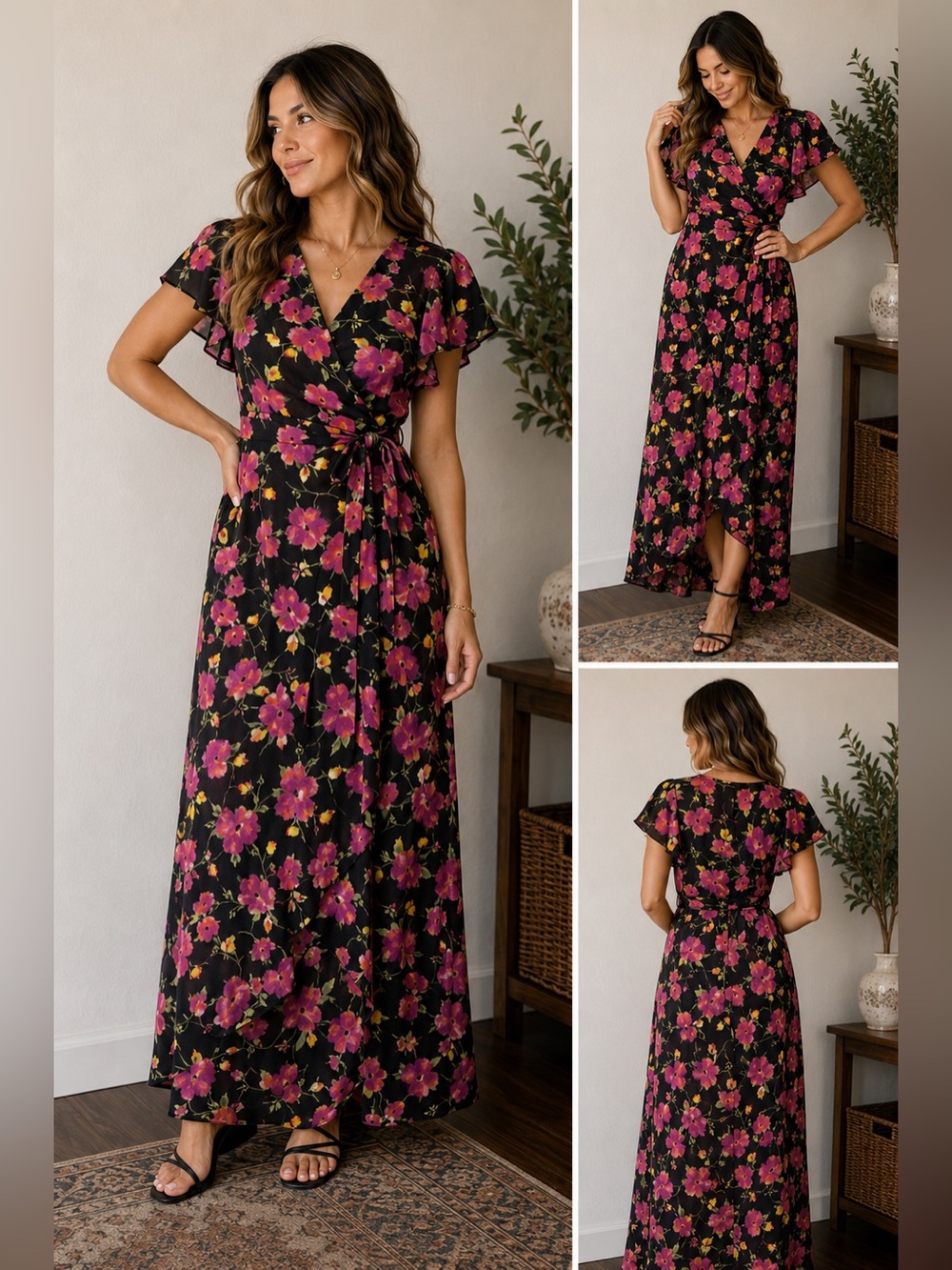 Abound Black Wrap Midi Dress with Pink Floral Print